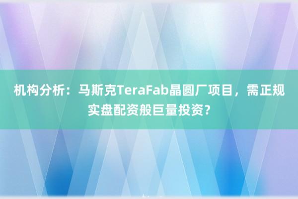 机构分析：马斯克TeraFab晶圆厂项目，需正规实盘配资般巨量投资？